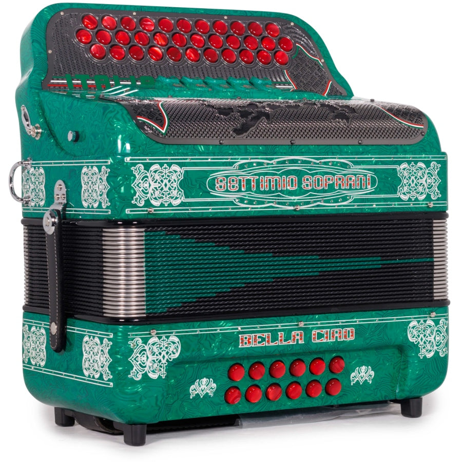 Settimio Soprani Bella Ciao Accordion 5 Switch FBE Celluloid Green Glitter with White and Red Buttons